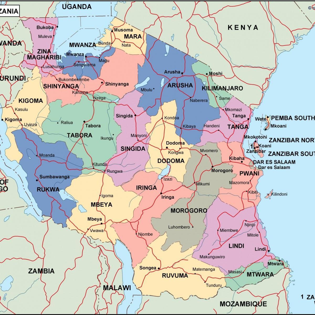 Քարտեզ Տանզանիայում քաղաքական