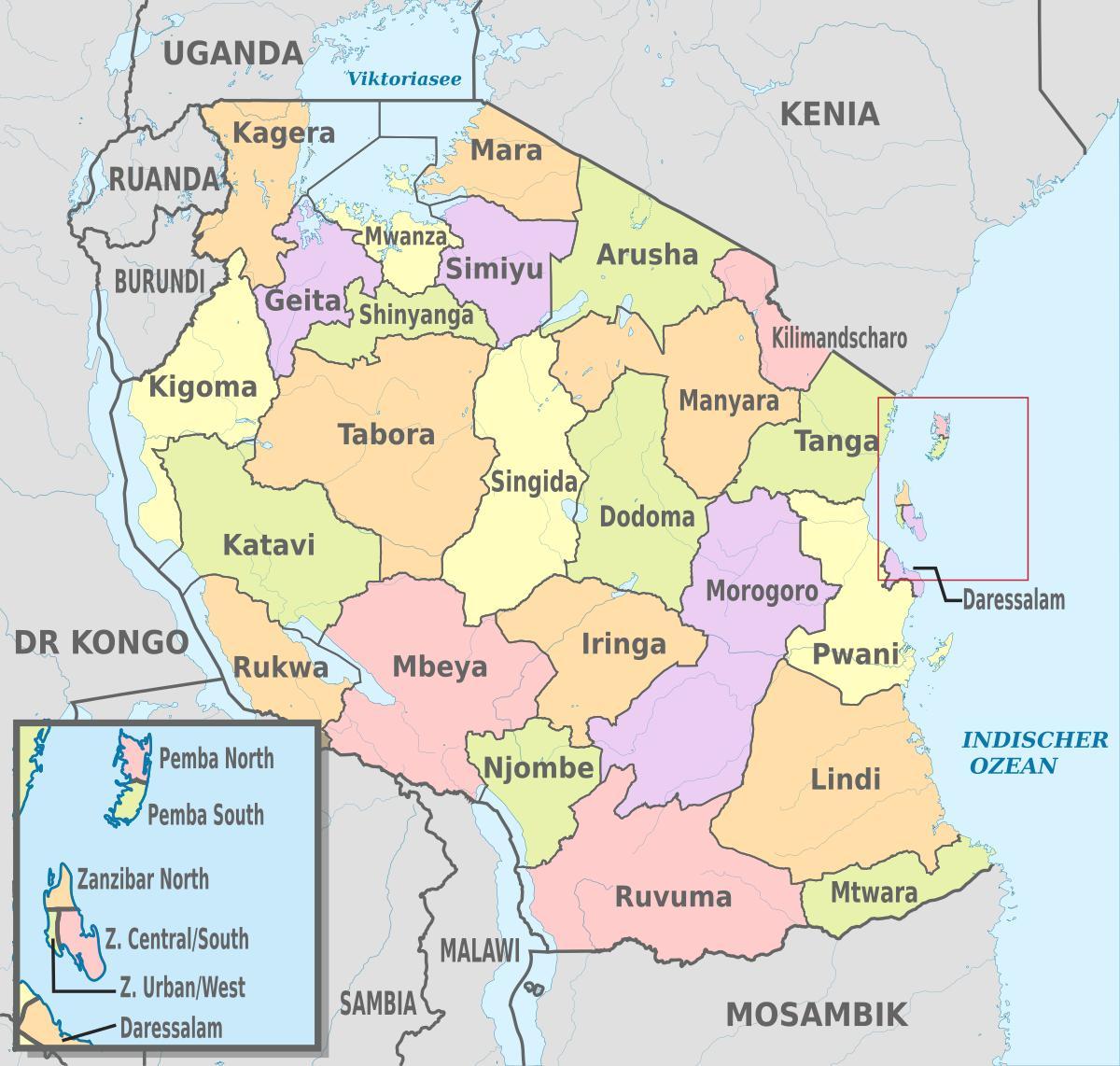 քարտեզ Տանզանիայում նշելով մարզերի եւ շրջանների