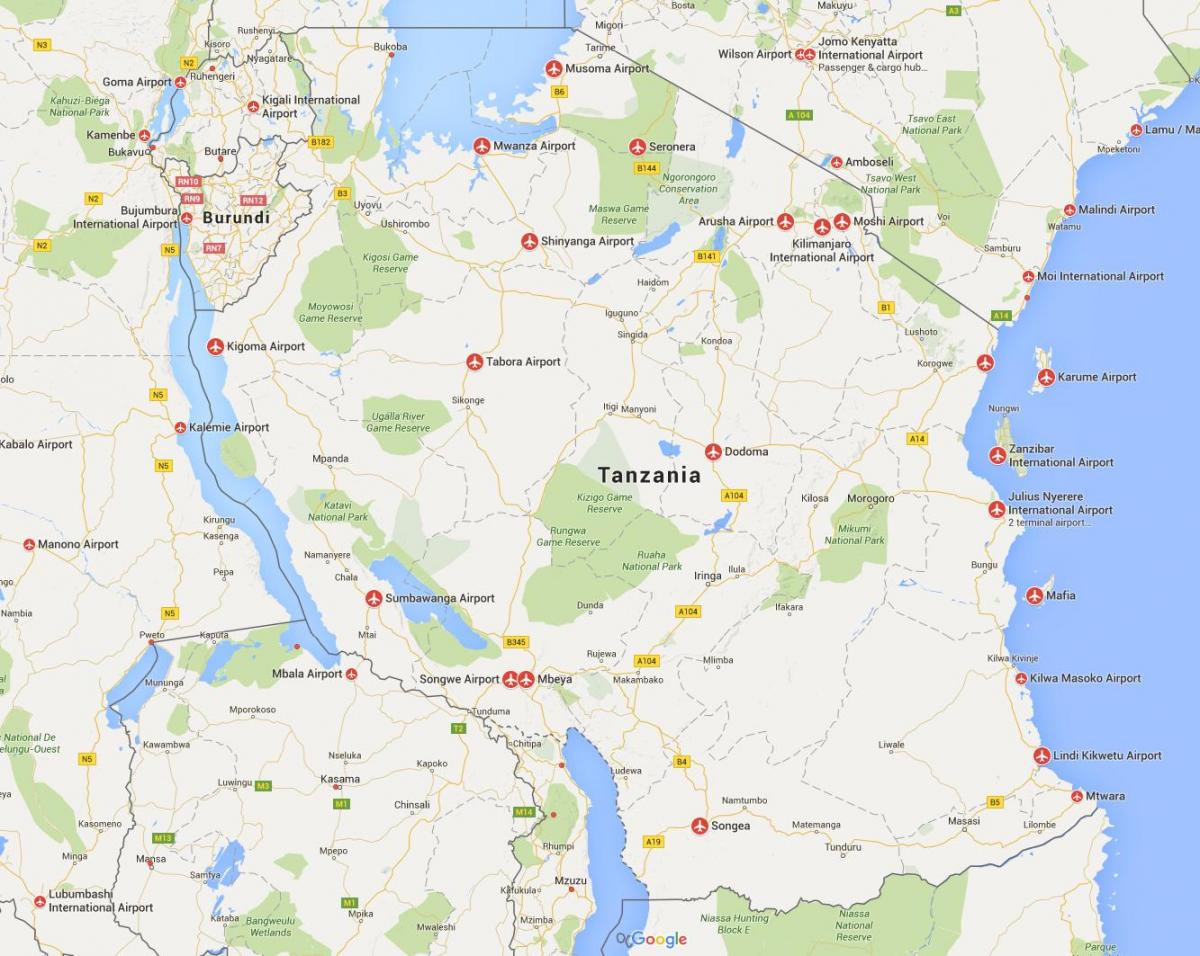 Քարտեզ օդանավակայաններ Տանզանիայի 