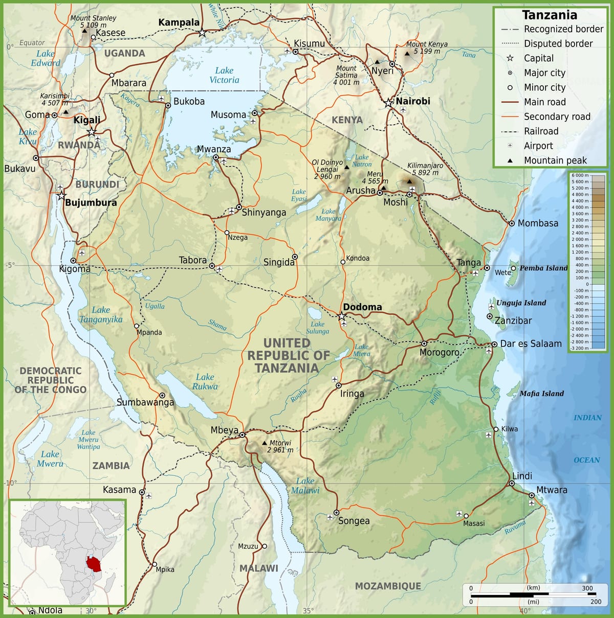 Քարտեզ ճանապարհների Տանզանիայում հեռավորության վրա