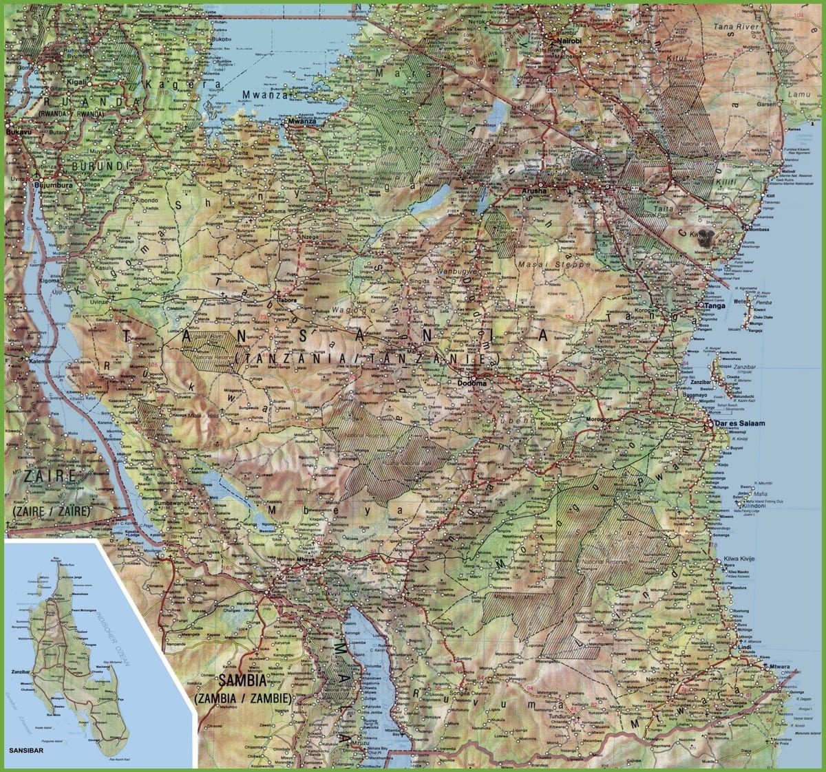 Քարտեզը մանրամասն Տանզանիայի