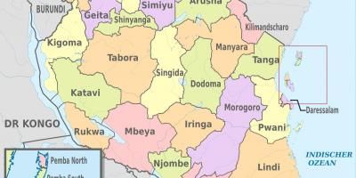 Քարտեզ Տանզանիայում նշելով մարզերի եւ շրջանների